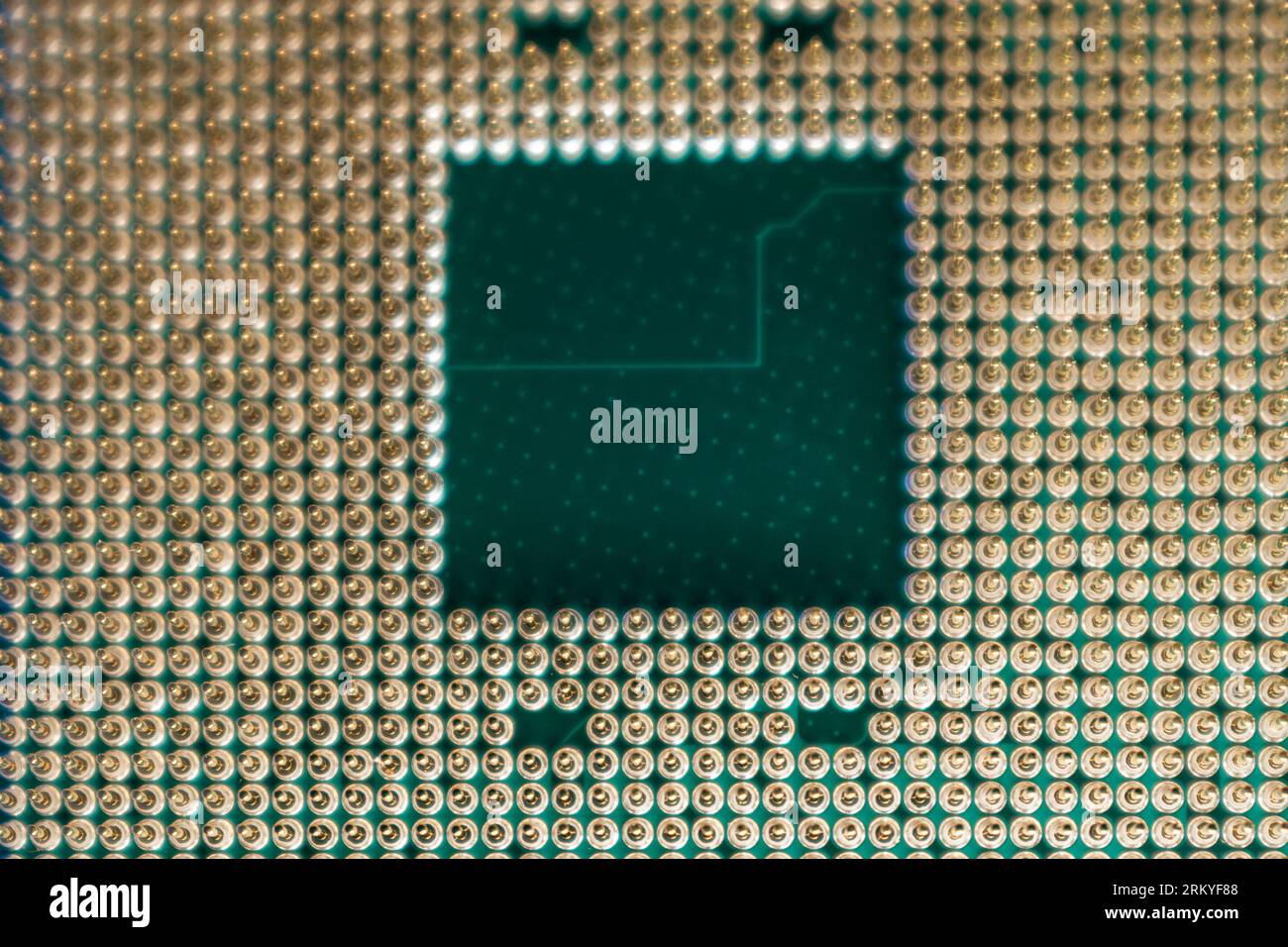 Primi contatti dei pin dorati del microchip della CPU. Dettagli dell'unità processore per PC desktop con vista di messa a fuoco selettiva Foto Stock