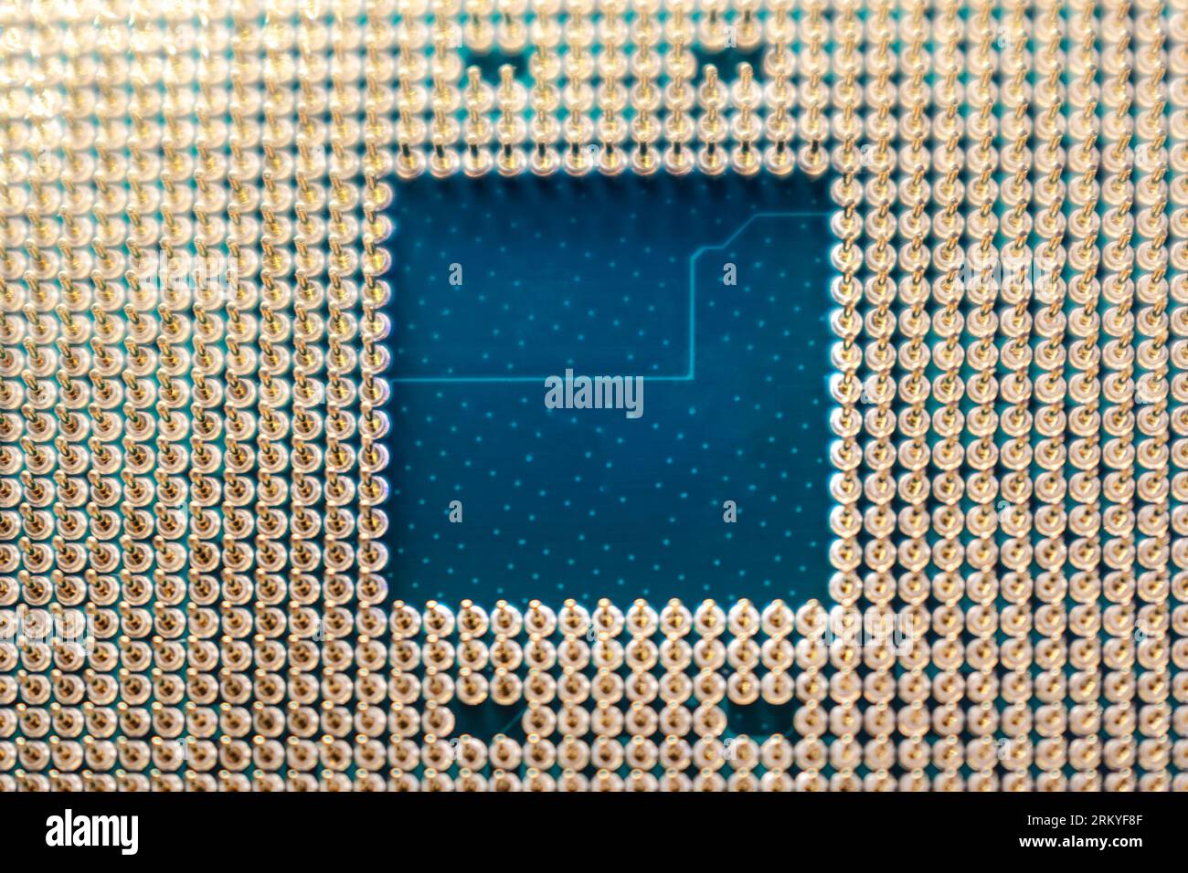 Primi contatti dei pin dorati del microchip CPU. Dettagli dell'unità processore del PC desktop con vista di messa a fuoco selettiva Foto Stock