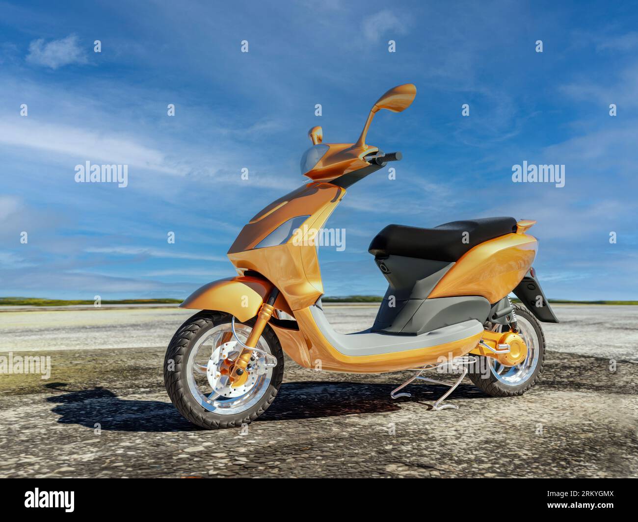 rendering 3d del ciclomotore elettrico parcheggiato all'aperto contro il cielo blu Foto Stock