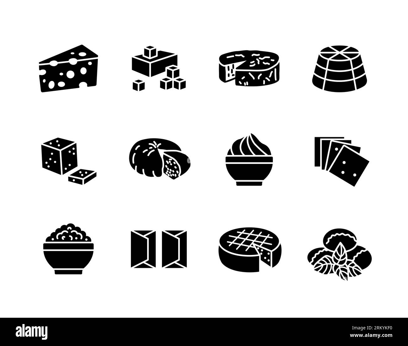 Set di icone glifi vettoriali del formaggio. Cartello prodotti lattiero-caseari. Simbolo grafico per la progettazione di siti Web e app per cucinare, logo, app, interfaccia utente Illustrazione Vettoriale