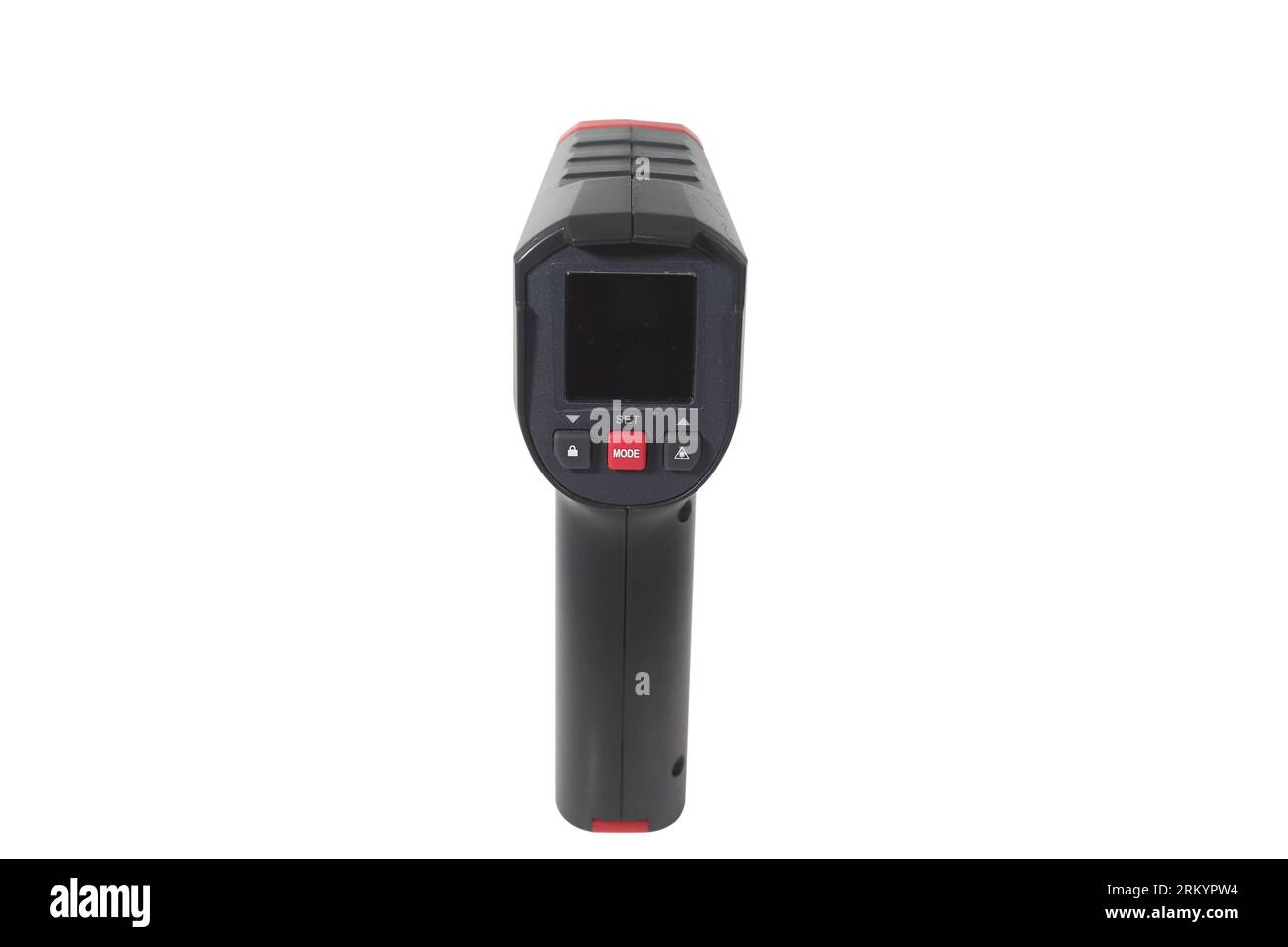 misurare la temperatura con un termometro a infrarossi Foto Stock