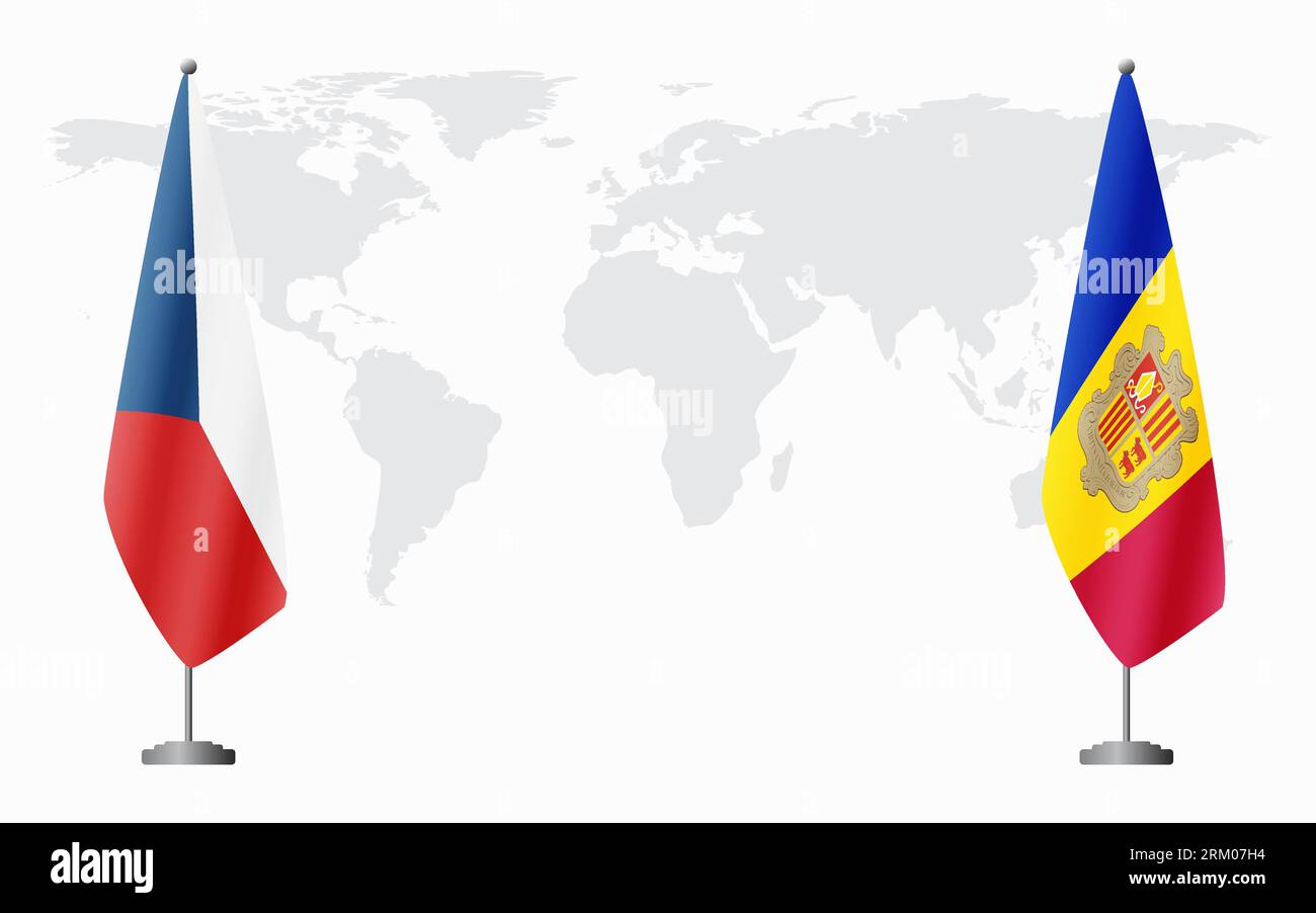 Repubblica Ceca e Andorra bandiere per un incontro ufficiale sullo sfondo della mappa mondiale. Illustrazione Vettoriale