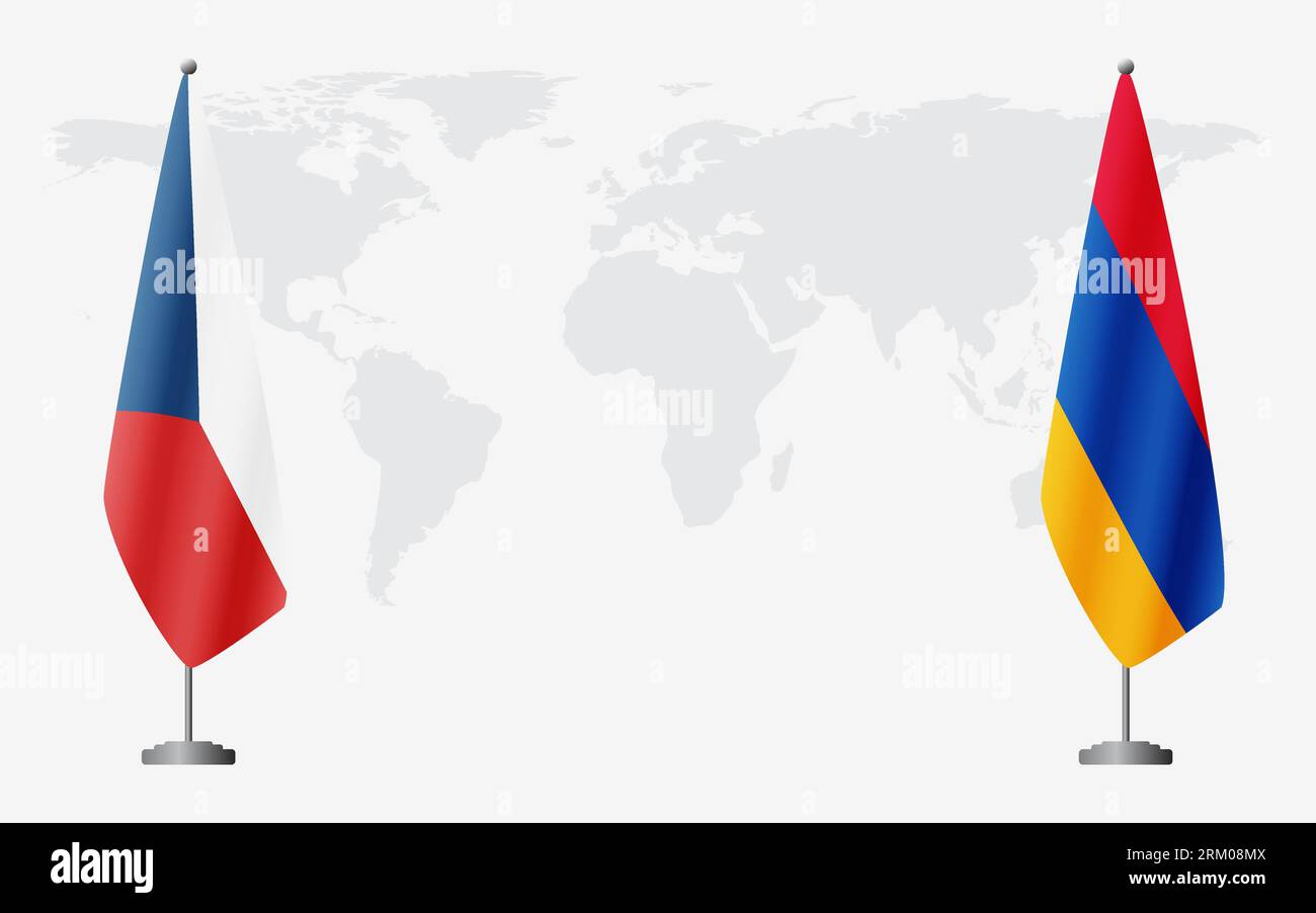 Repubblica Ceca e Armenia bandiere per un incontro ufficiale sullo sfondo della mappa mondiale. Illustrazione Vettoriale