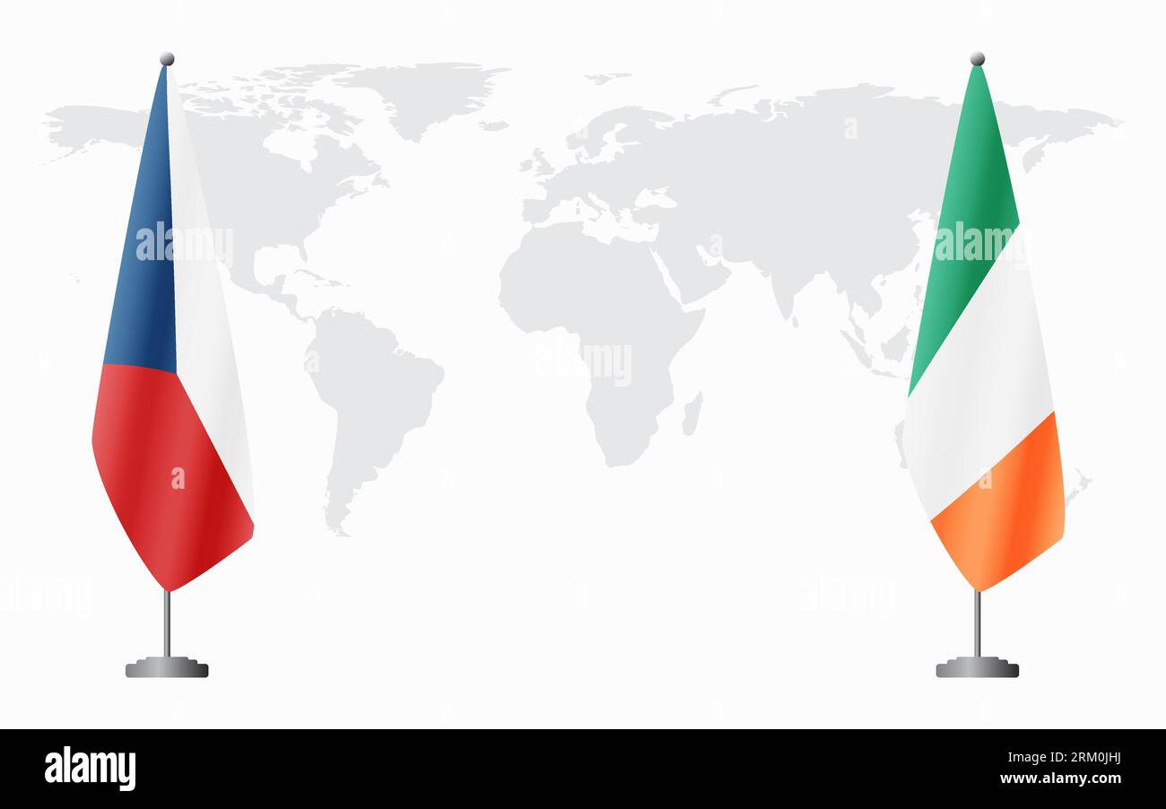 Repubblica Ceca e Irlanda bandiere per riunioni ufficiali sullo sfondo della mappa mondiale. Illustrazione Vettoriale
