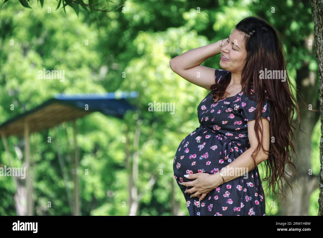 Una donna messicana che posa per un servizio di maternità fuori Foto Stock