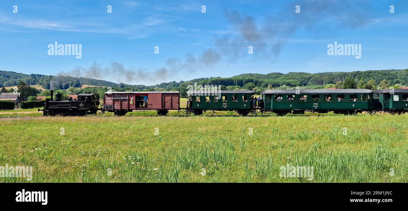 Vecchio treno turistico a vapore nel paesaggio della Boemia nella Repubblica Ceca Foto Stock