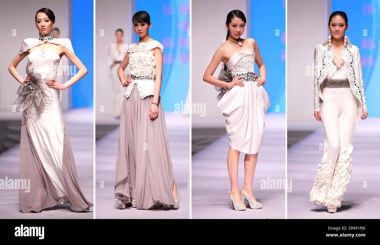 Bildnummer: 59614488 Datum: 07.05.2013 Copyright: imago/Xinhua Combo foto scattata il 7 maggio 2013 mostra modelli che presentano creazioni di moda vincitrici della medaglia d'oro durante la finale di un concorso di moda a maglia a Qingdao, una città costiera nella provincia dello Shandong della Cina orientale. (Xinhua/Liang Xiaopeng) (zwx) CHINA-SHANDONG-QINGDAO-KNITTING FASHION DESIGN CONTEST (CN) PUBLICATIONxNOTxINxCHN Kultur Entertainment Mode Modewoche Modenschau xas x0x 2013 quer 59614488 Data 07 05 2013 Copyright Imago XINHUA Combo foto scattata IL 7 maggio 2013 mostra i modelli che presentano la medaglia d'oro vincendo Fashion Creations du Foto Stock