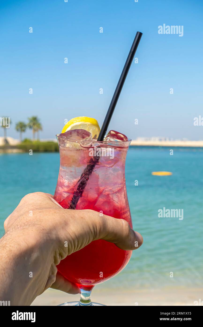 Bicchiere di bevanda rossa, limonata con limone e paglia contro Bahrain Bay, skyline del Medio Oriente Foto Stock