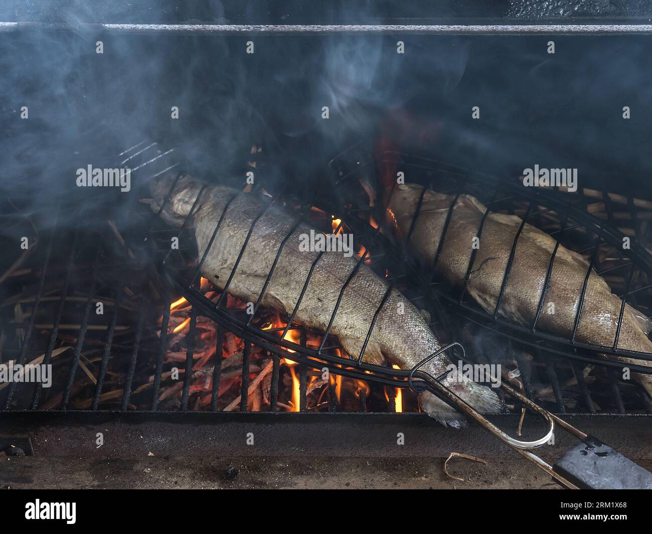 Due pesci di trota intere grigliati al barbecue Foto Stock