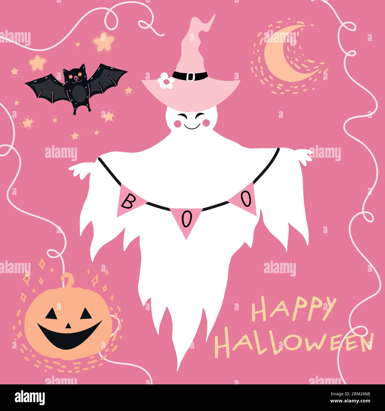 Biglietto d'auguri di Halloween con un simpatico fantasma in cappello, pipistrello, zucca e mezzaluna su sfondo rosa. Carino design da cartoni animati infantili. Trick o dolcetto. Vettore i Illustrazione Vettoriale