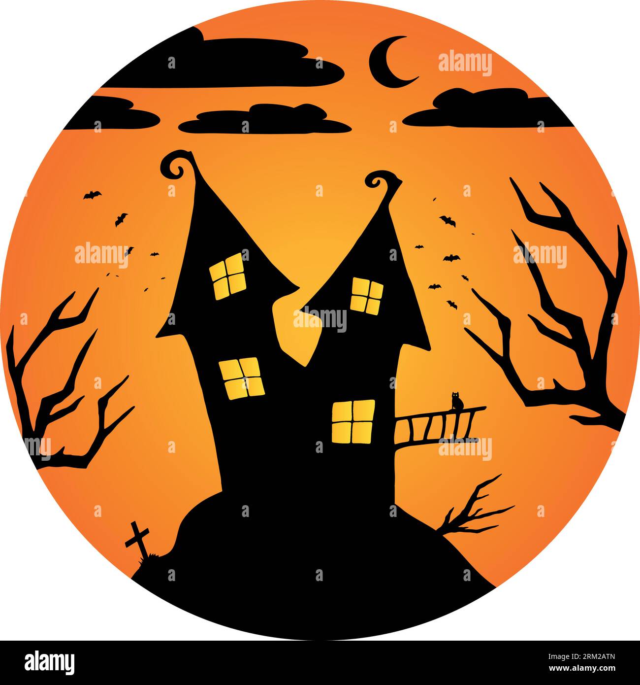 Silhouette da strega o strega sulla collina su uno sfondo rotondo. Casa, mezzaluna, pipistrelli e contorno di gatto nero. Buon Halloween. Illus vettoriale Illustrazione Vettoriale