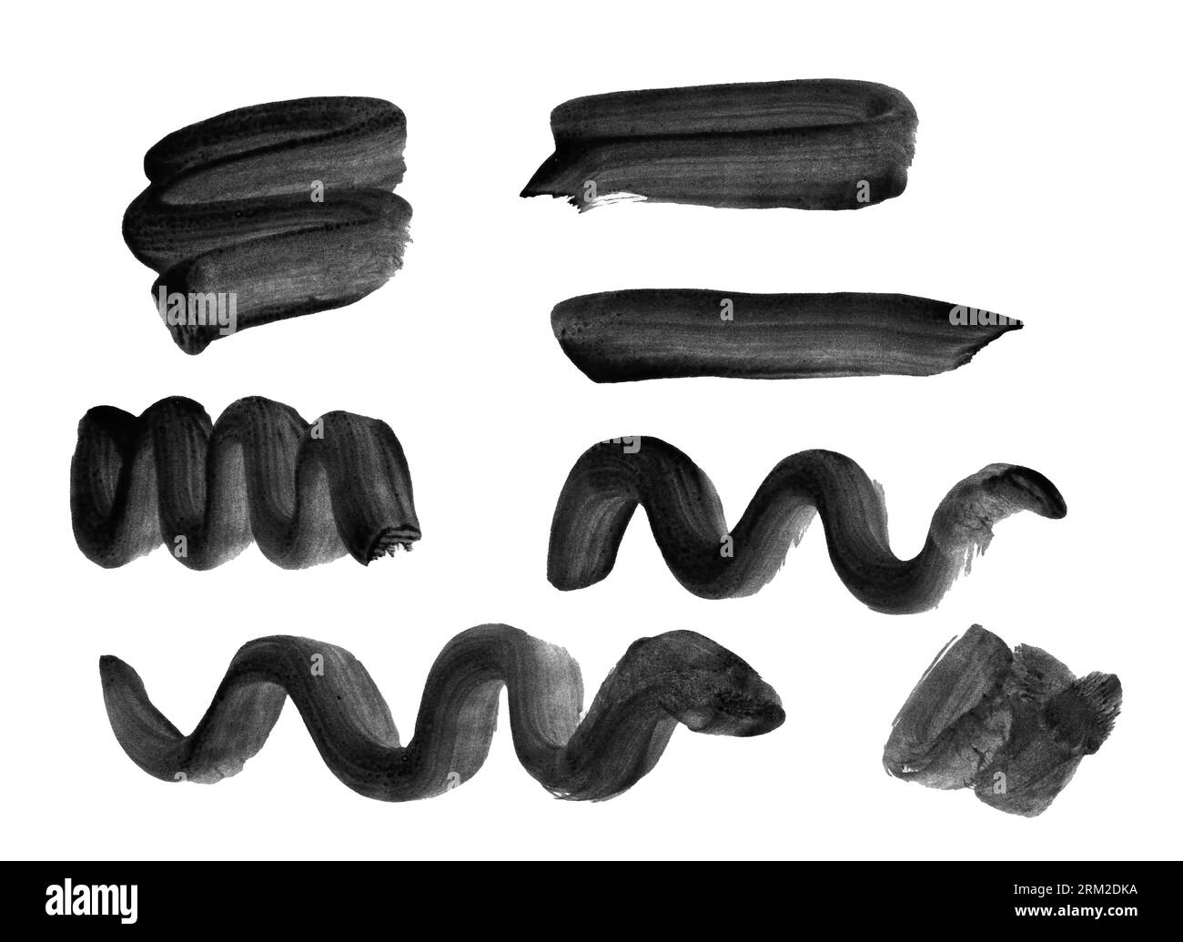 Raccolta di tratti di pennello gestuale con vernice nera, tratti fatti a mano di varie forme, cerchi, croci, allungati, quadrati, sha rettangolare Foto Stock