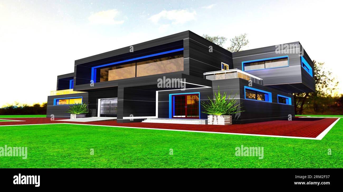 Gli elementi della facciata luminosi blu e bianco rendono l'esterno della dimora contemporanea attraente per l'acquirente. rendering 3d. Foto Stock