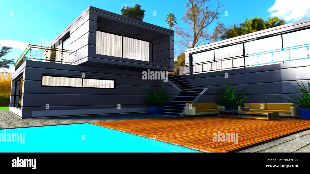 Confortevole zona di riposo con piscina e mobili sul terrazzo nel cortile di una moderna e compatta dimora nei sobborghi di Washington. rendering 3d. Foto Stock