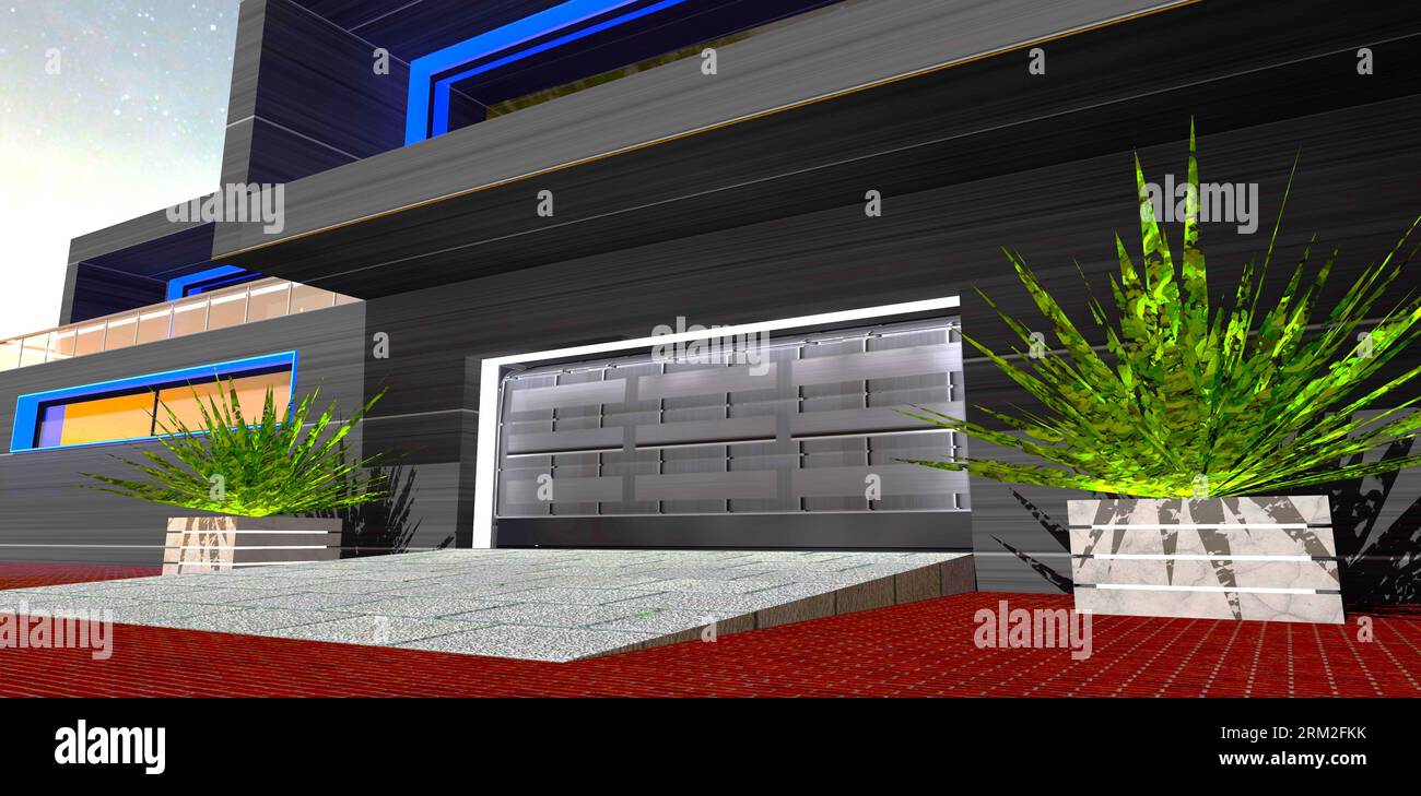Design del garage con cancello di sollevamento in acciaio. Piante a parte l'entrata. Elementi della facciata bianchi e luminosi. rendering 3d. Foto Stock