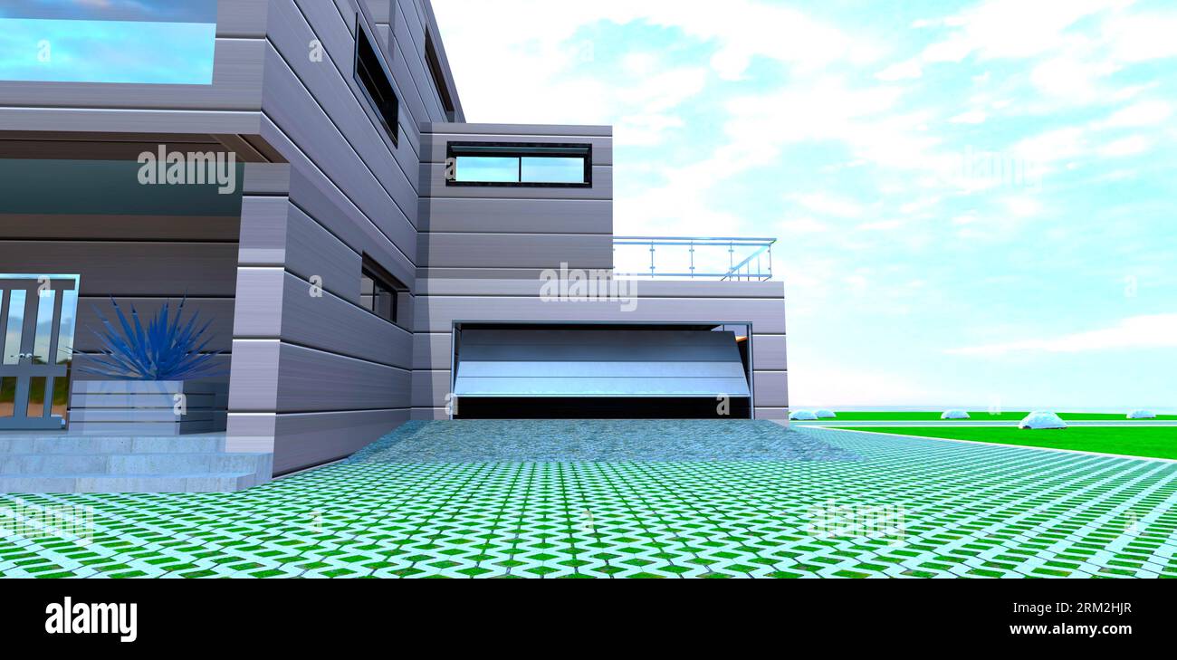Ingresso al garage della casa privata compatta. Griglia di cemento come pavimentazione intorno all'edificio. rendering 3d. Foto Stock