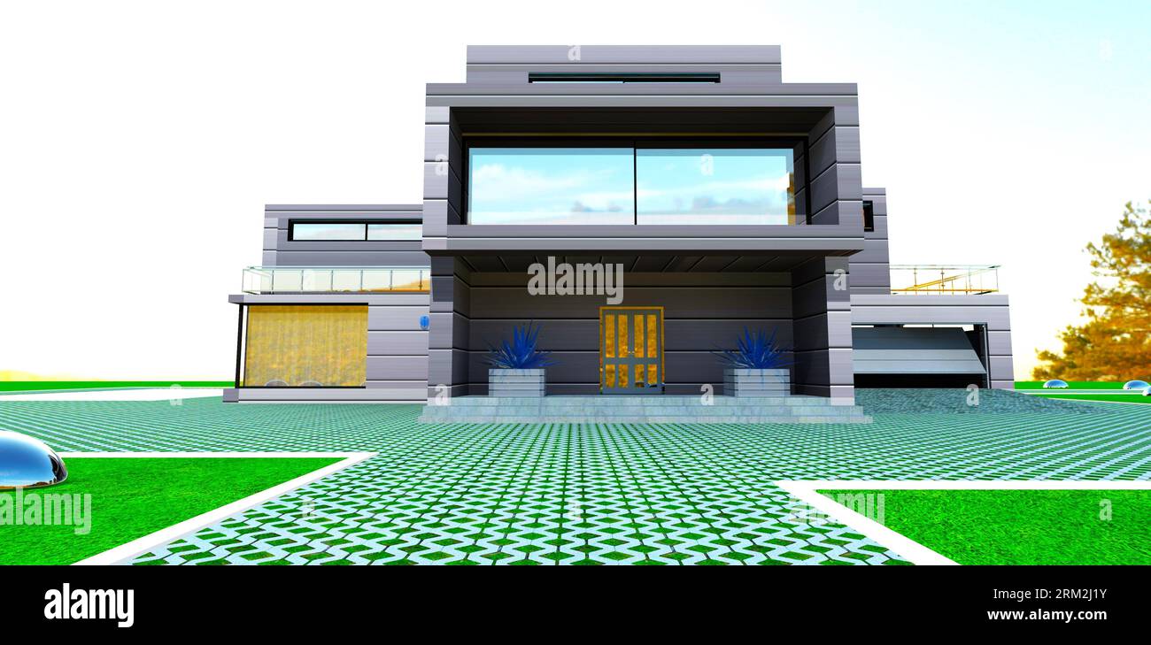 Porta d'ingresso del cottage suburbano. Gradini larghi in calcestruzzo. Garage con cancello di sollevamento sulla destra. rendering 3d. Foto Stock