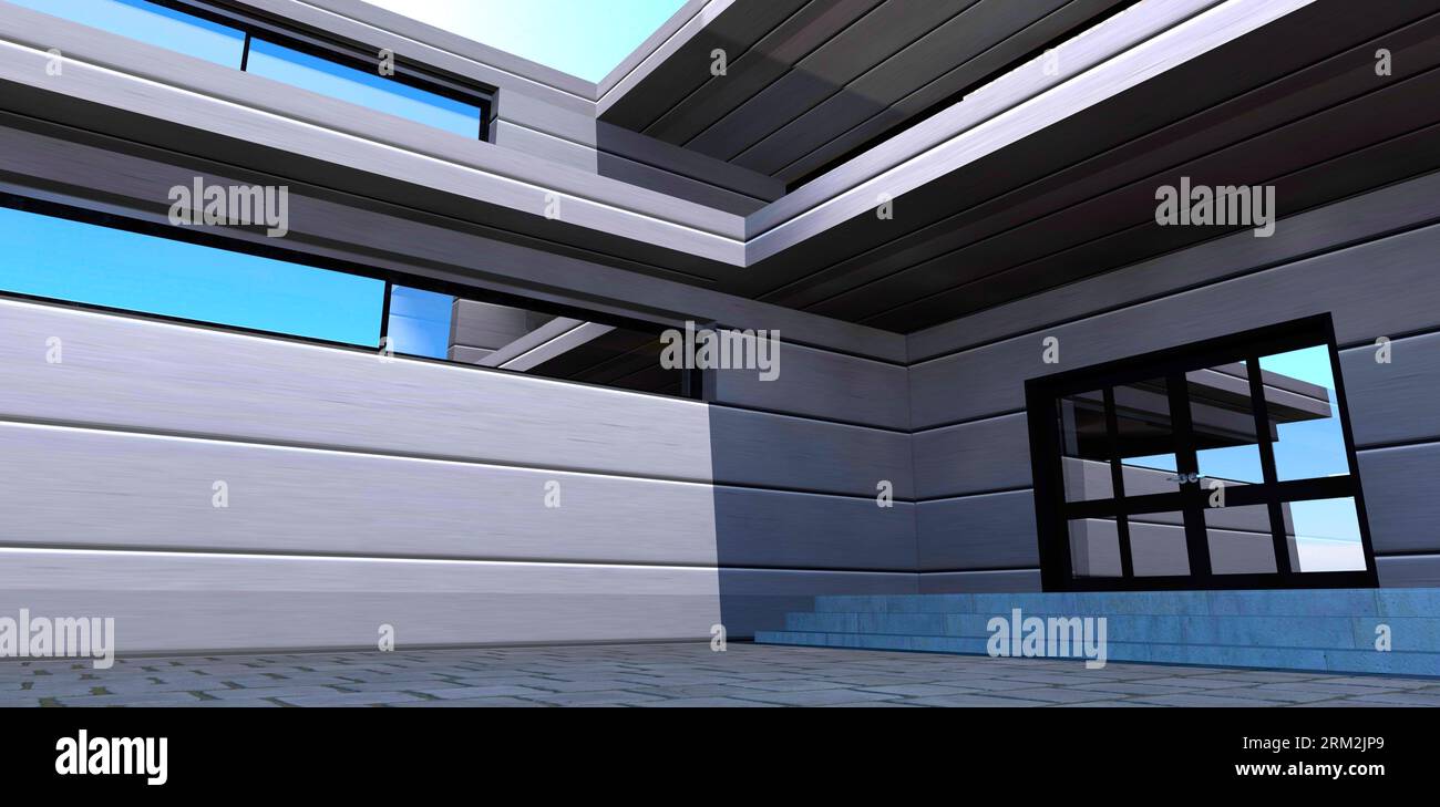 Moderno design della veranda. Porta a battente in vetro . Gradini larghi in calcestruzzo. Balcone sopra l'ingresso. rendering 3d. Foto Stock