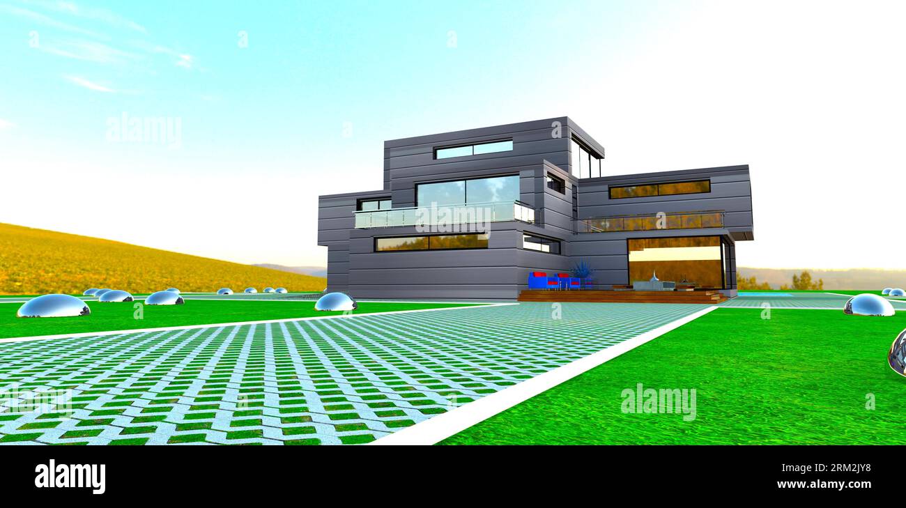 Sentiero pavimentato con griglia di cemento sul prato di fronte alla casa di campagna nella regione ecologica. rendering 3d. Foto Stock