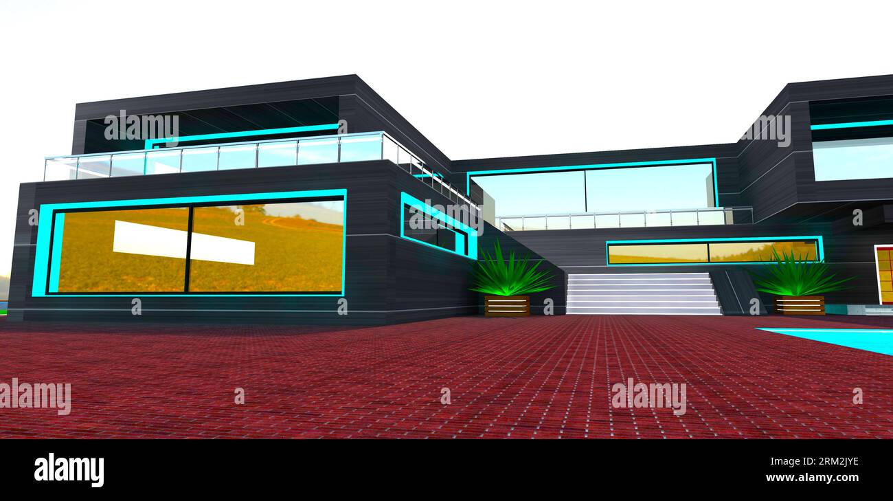 Area pavimentata in mattoni rossi intorno al cottage avanzato di recente costruzione rifinito con metallo nero. rendering 3d. Foto Stock