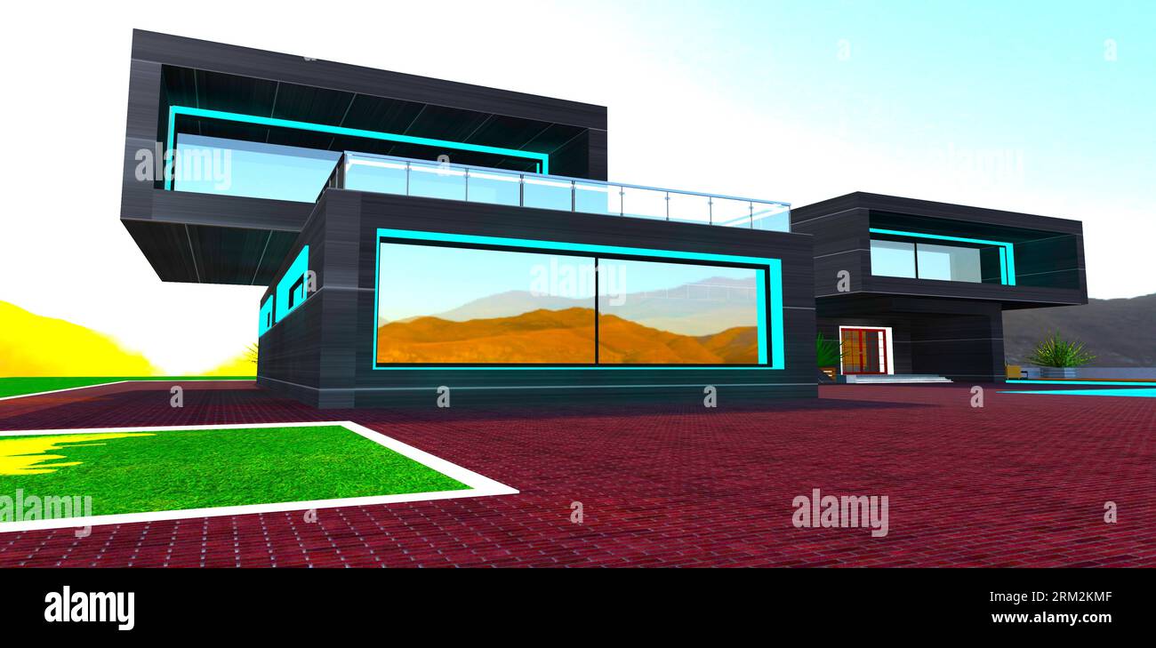 Design di tendenza dell'abitazione contemporanea. Facciata in metallo con illuminazione turchese. rendering 3d. Foto Stock