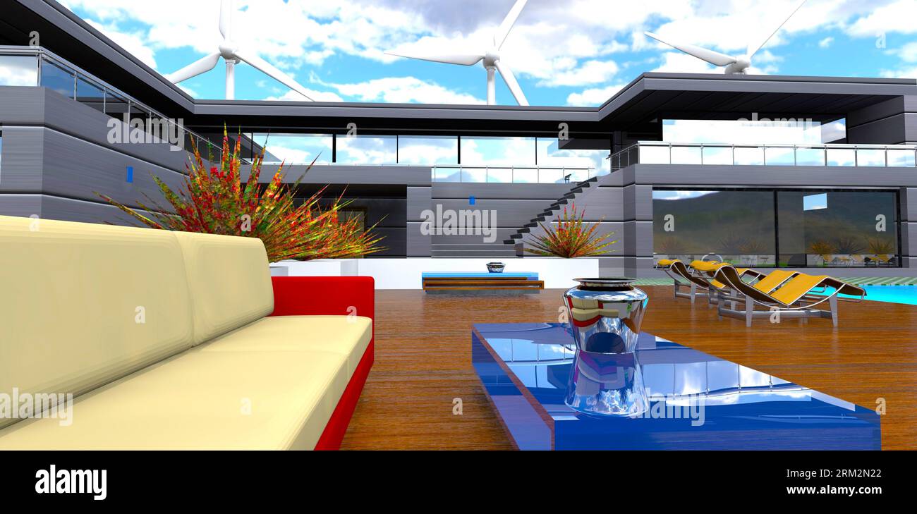 Divano bianco rosso e tavolo in vetro con vaso cromato sul ponte vicino alla tenuta moderna. Alcuni generatori eolici dietro. rendering 3d. Foto Stock