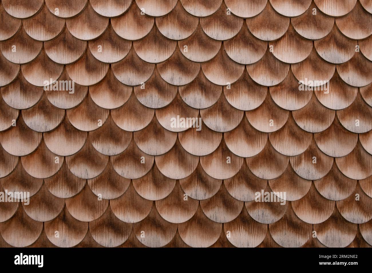 Tegole in legno a fondo sferico di fianco murale della storica casa colonica. Struttura a ciottoli, tetto o facciata in legno. Struttura architettonica tradizionale in legno. Foto Stock