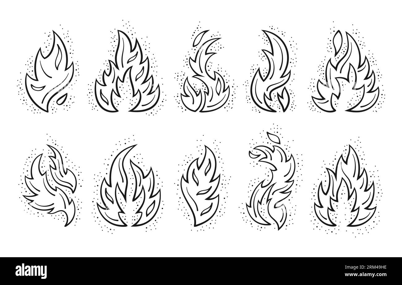 Fiamma fuoco Doodle. Contorno del simbolo della griglia, scintille, fumo o contorni del peperoncino, luce naturale retrò. Pittogrammi Wildfire impostati. Isol. Elementi neri Illustrazione Vettoriale