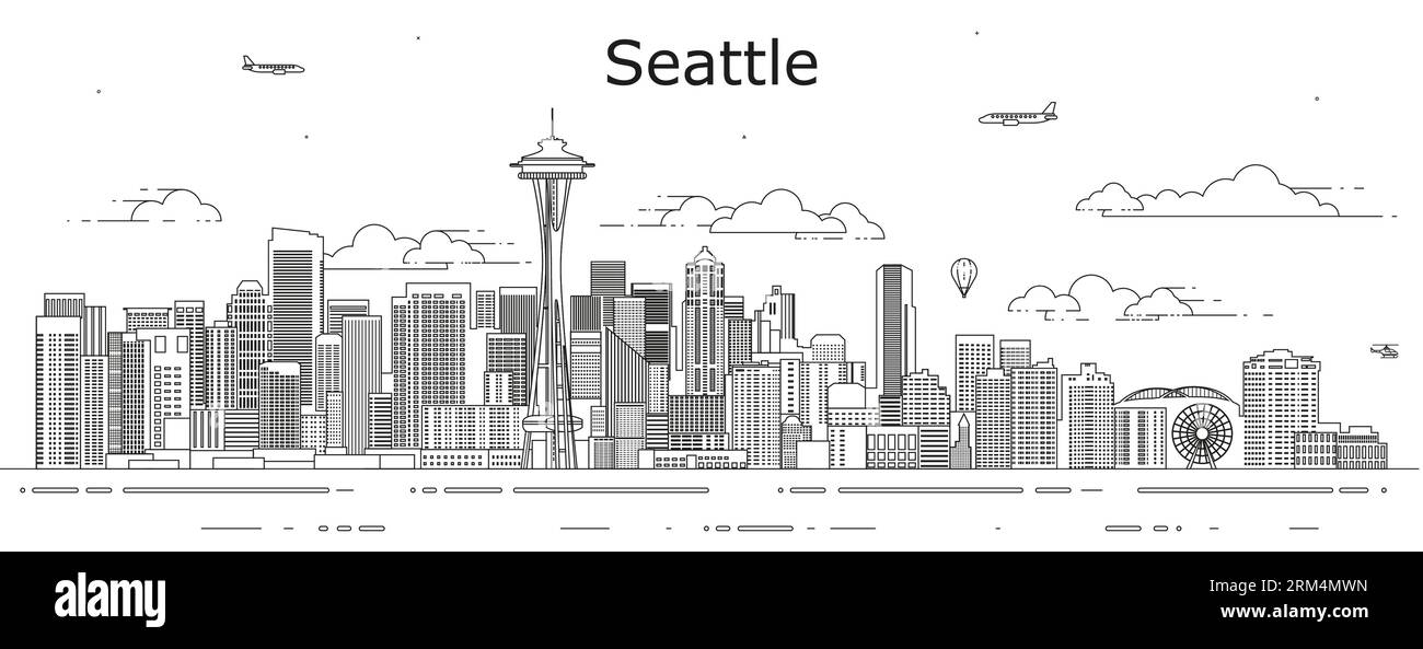 Illustrazione vettoriale di Seattle Cityscape line art Illustrazione Vettoriale