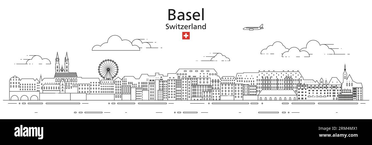 Illustrazione vettoriale per la grafica della linea del paesaggio urbano di Basilea Illustrazione Vettoriale