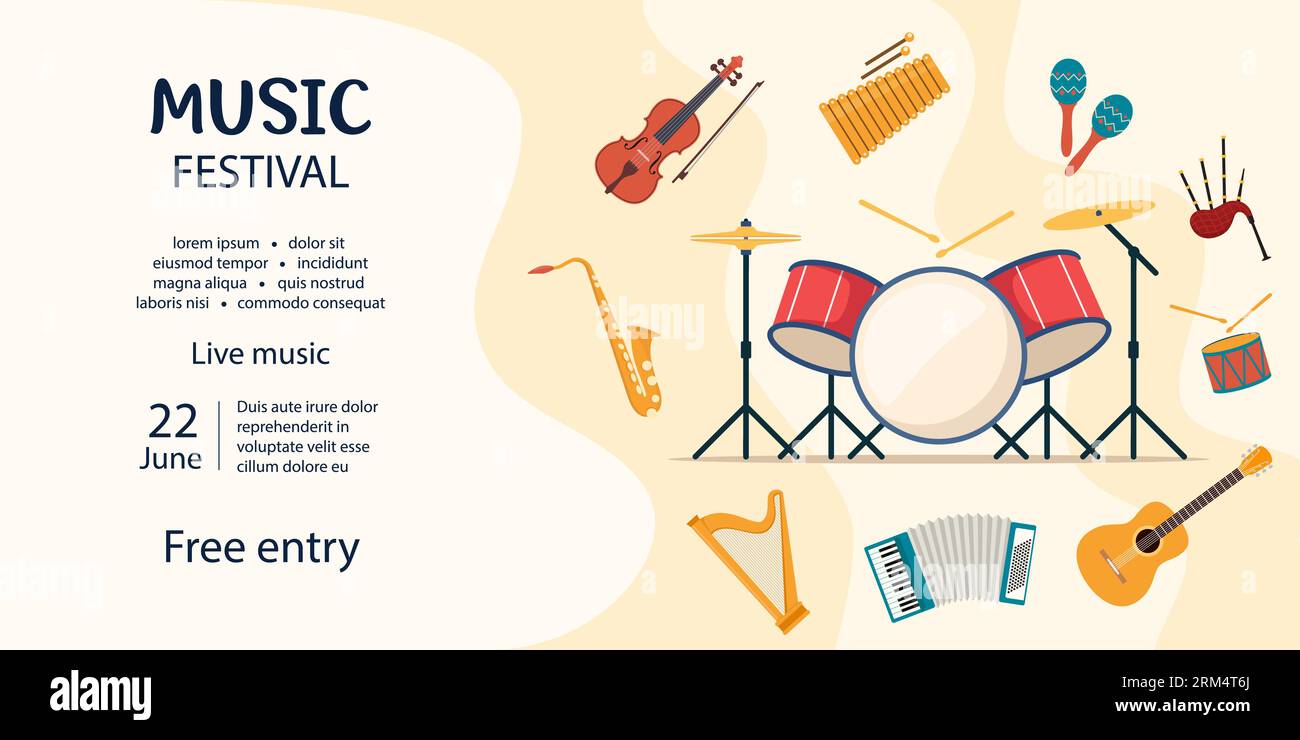 Invito al festival musicale. Strumenti musicali. Chitarra, violino, arpa, dulcimer, maracas, chitarra batteria kit cornamuse sassofono illustrazione vettoriale Illustrazione Vettoriale