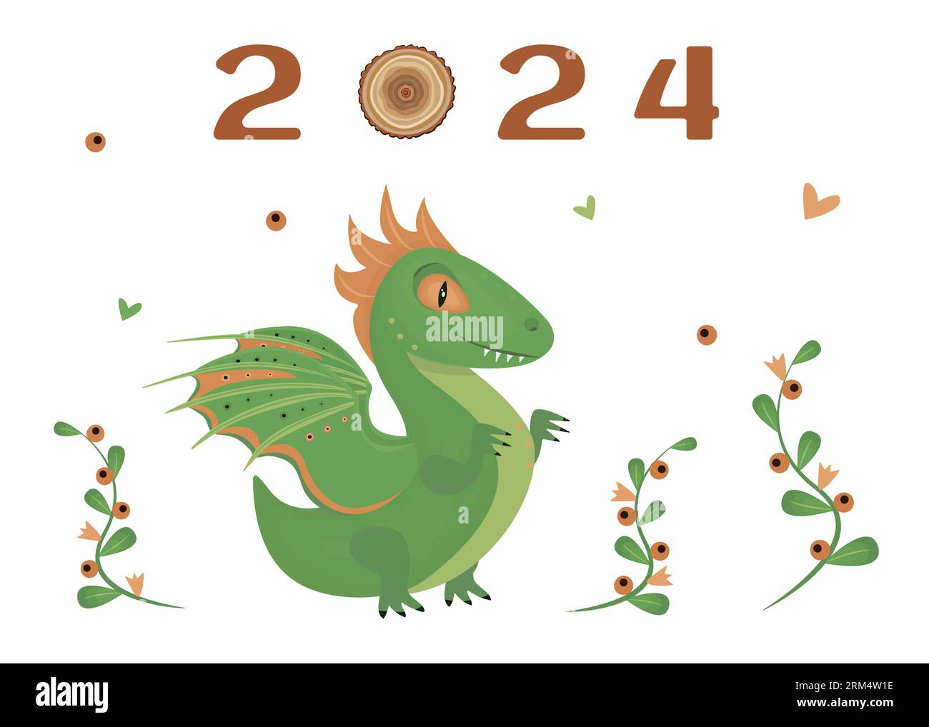 Drago di legno verde, simbolo del 2024, illustrazione di saluto Illustrazione Vettoriale