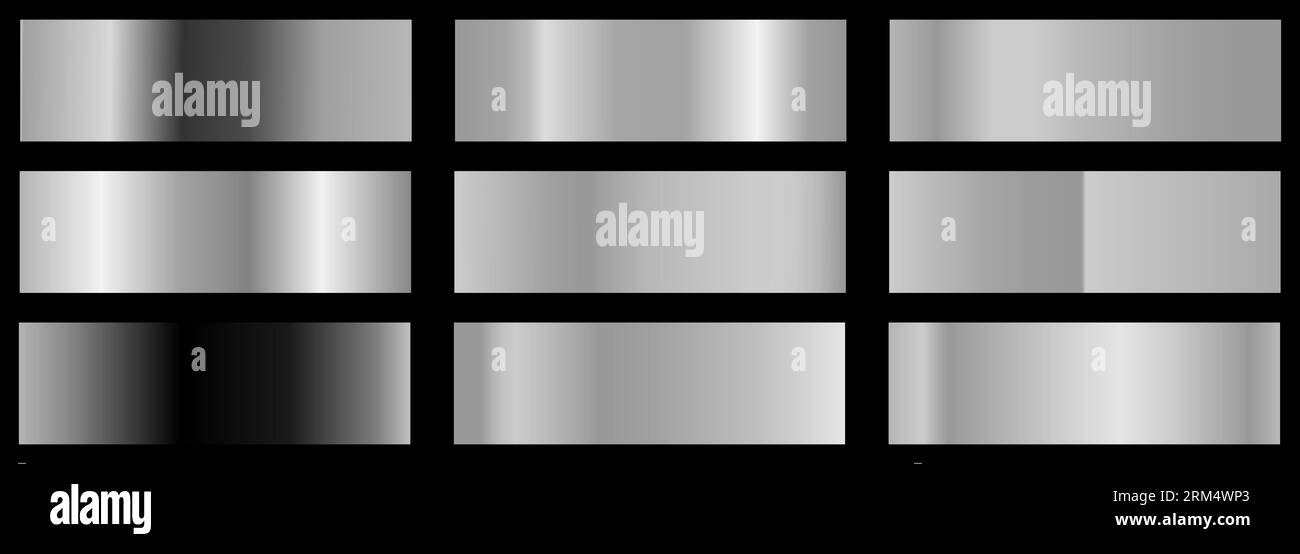 Set di texture in lamina d'argento. Collezione di gradienti in acciaio lucido e metallo. Può essere utilizzato per biglietti di natale di lusso, inviti, sfondi, bordi Illustrazione Vettoriale