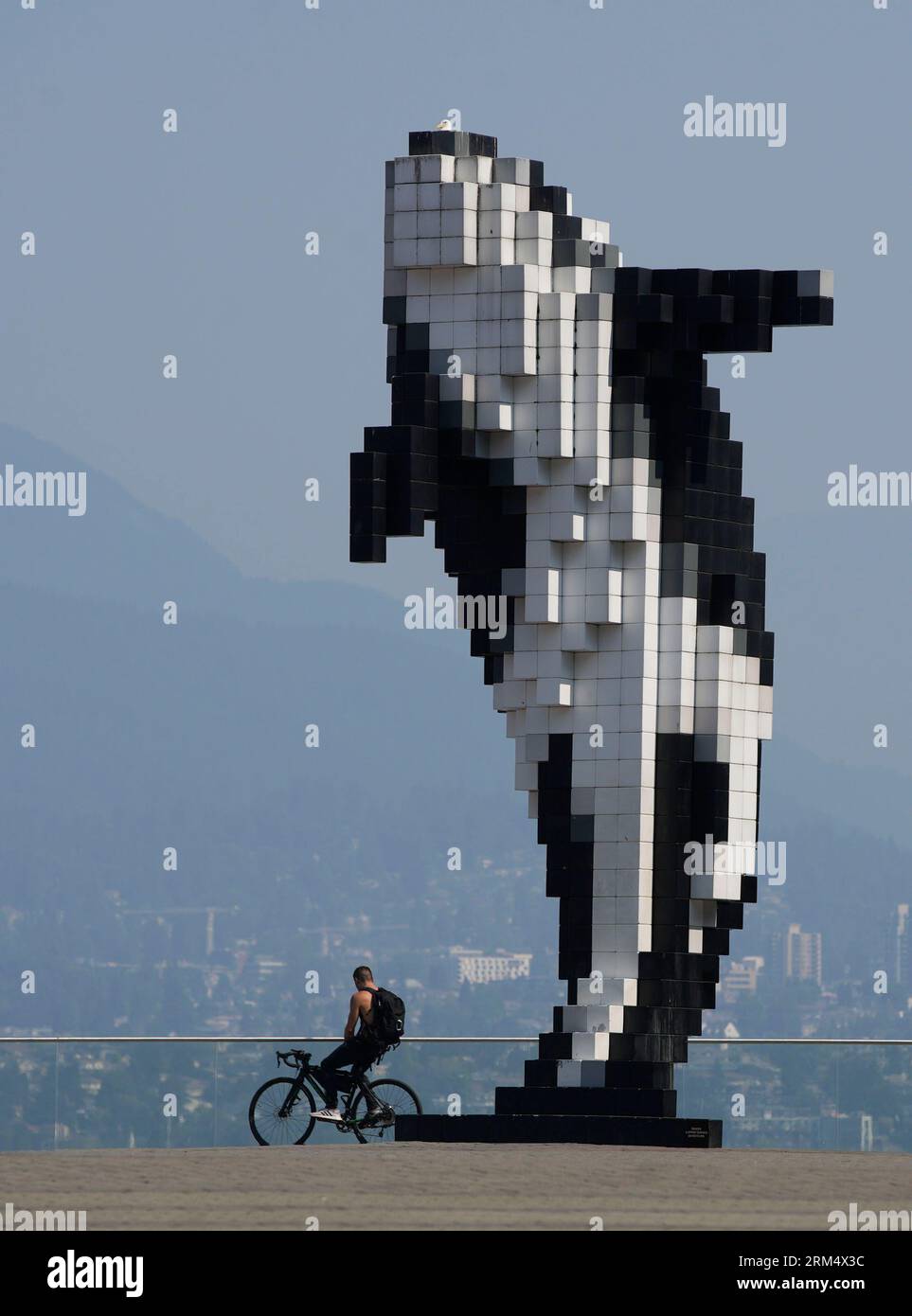 Vancouver, Canada. 26 agosto 2023. Un uomo è visto con edifici avvolti in foschia nel centro di Vancouver, British Columbia, Canada, 26 agosto 2023. La Metro Vancouver ha continuato un avviso sulla qualità dell'aria per la regione metropolitana di Vancouver sabato a causa dell'alta concentrazione di particolato fine causata dal fumo di incendi che si diffondono in tutta la Columbia Britannica. Crediti: Liang Sen/Xinhua/Alamy Live News Foto Stock