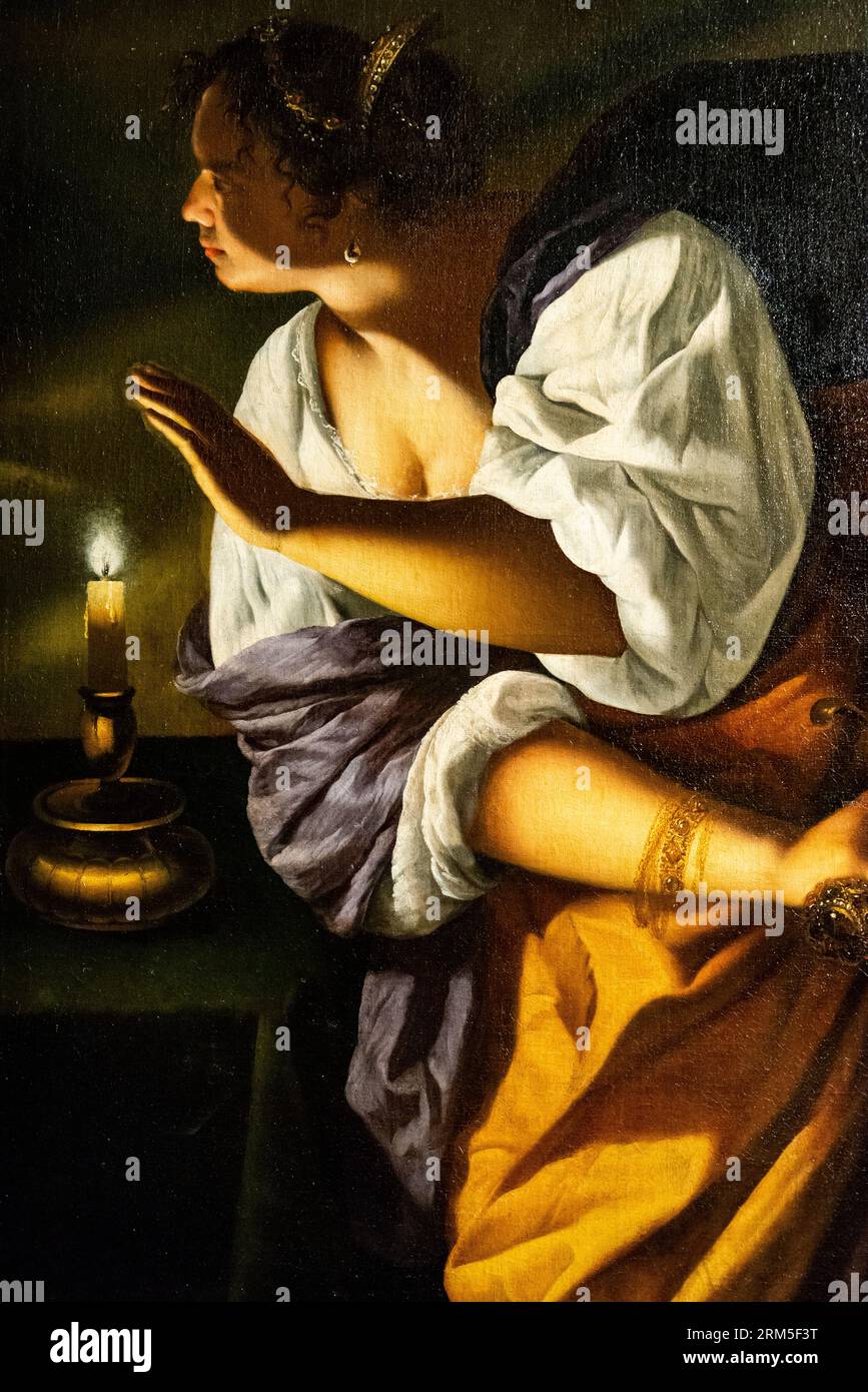 Judith e la sua serva di Artemisia Gentileschi, pittura barocca italiana, olio su tela. Dettaglio della pittura. Gentileschi Foto Stock