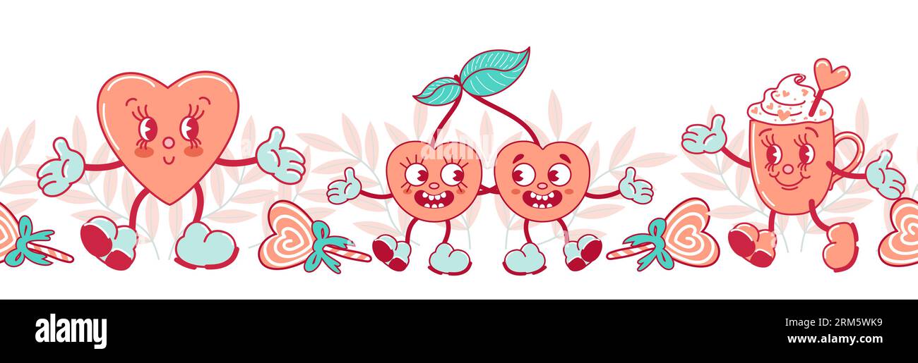 Bordo senza cuciture per il giorno dei valentini. Un paio di ciliegie innamorate, tazza da caffè, cuore. Stile cartoni animati vintage alla moda. Illustrazione vintage per invitati Illustrazione Vettoriale