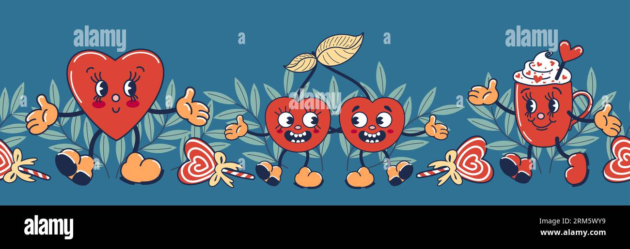 Bordo senza cuciture per il giorno dei valentini. Un paio di ciliegie innamorate, tazza da caffè, cuore. Stile cartoni animati vintage alla moda. Illustrazione vintage per invitati Illustrazione Vettoriale