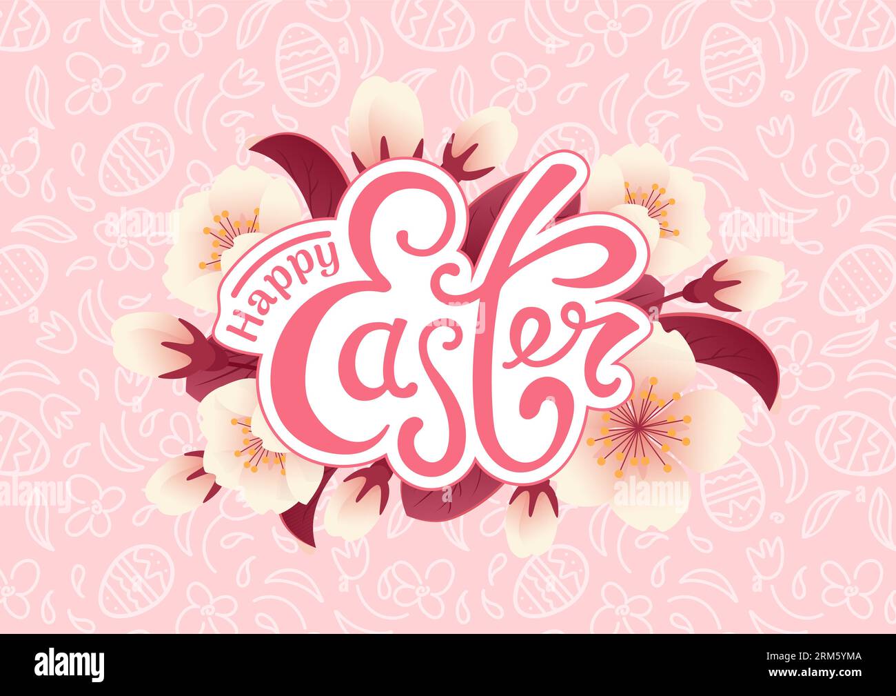 Buona pasqua. Stile realistico in fiore di ciliegio. Uova di cioccolato, fiori e motivi monocromatici rosa. Stile Doodle. Lettering vintage. Per poster, cartoline Illustrazione Vettoriale
