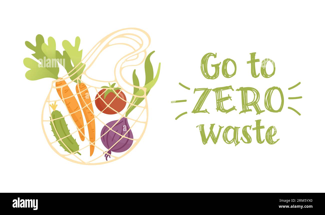 Sacchetto ecologico per shopper in vimini con verdure. Cipolla, carota, pomodoro e cetriolo. Stile di vita sano. Veganismo. Protezione dell'ambiente. Niente plastica. Illustrazione Vettoriale