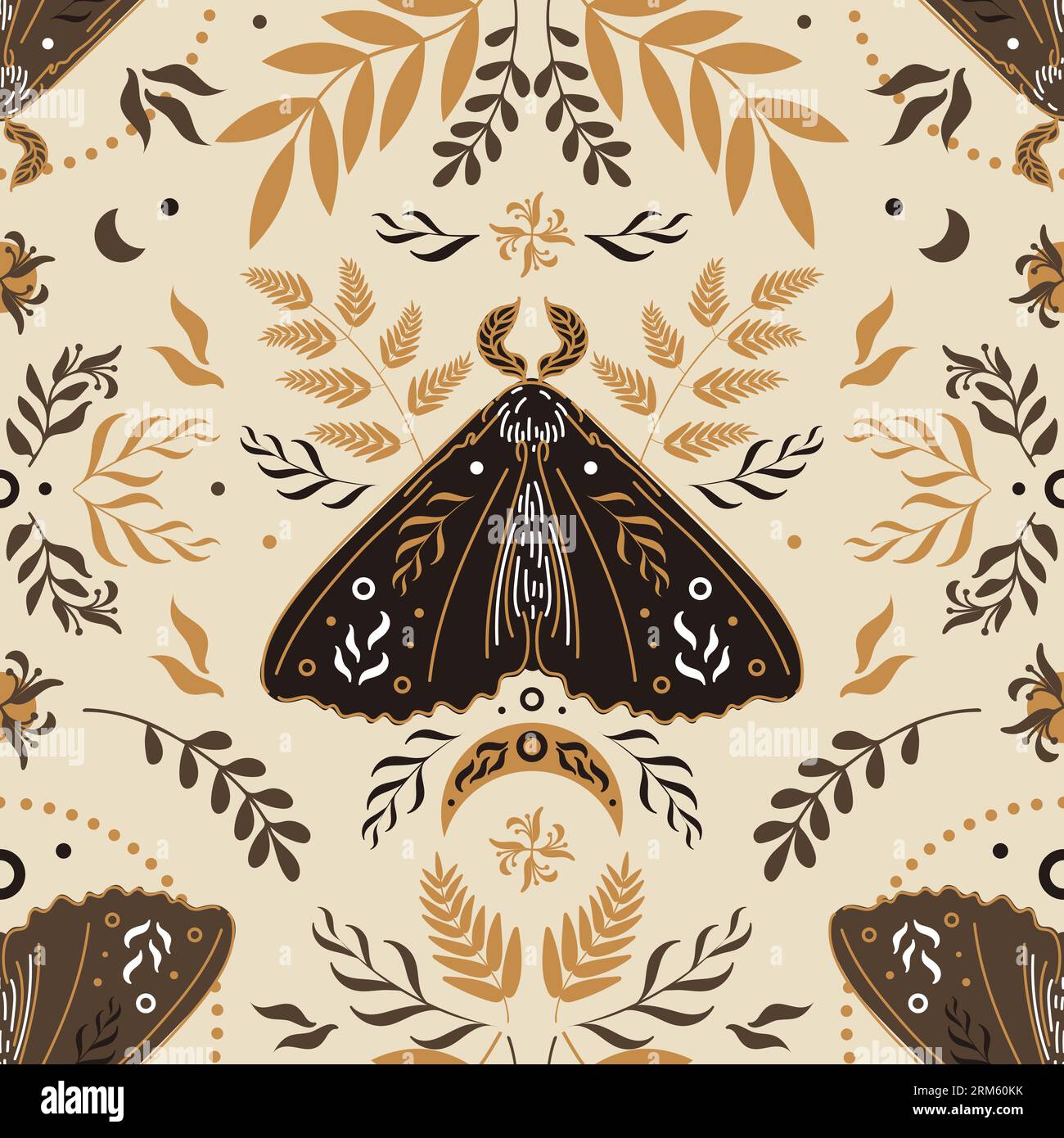 Moth, fasi della luna e delle stelle, legno di verme e felce. Modello senza cuciture in stile folk scandinavo. Halloween, magia, stregoneria, astrologia, misticismo Illustrazione Vettoriale Moth, fasi della luna e delle stelle, legno di verme e felce. Modello senza cuciture in stile folk scandinavo. Halloween, magia, stregoneria, astrologia, misticismo Illustrazione Vettoriale
