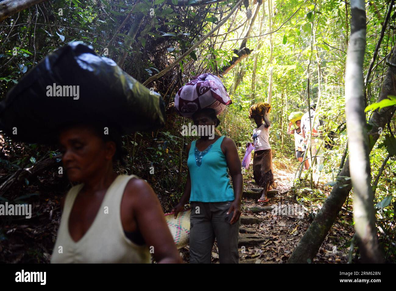 Bildnummer: 60769729 Datum: 21.11.2013 Copyright: imago/Xinhua PECHINO, 21 novembre 2013 (Xinhua) - le donne locali aiutano i ranger a trasportare merci nel Parco Nazionale di Marojejy nel Madagascar nord-orientale, il 21 novembre 2013. Nel 2007, la United National Educational, Scientific and Cultural Organization (UNESCO) ha dichiarato le foreste pluviali dell'Atsinanana Patrimonio dell'Umanità, è costituita da sei parchi nazionali lungo la parte orientale dell'isola, tra cui il Parco Nazionale di Marojejy. Dopo aver completato la separazione da tutte le altre masse terrestri più di 60 milioni di anni fa, la pianta e l'animale del Madagascar Foto Stock