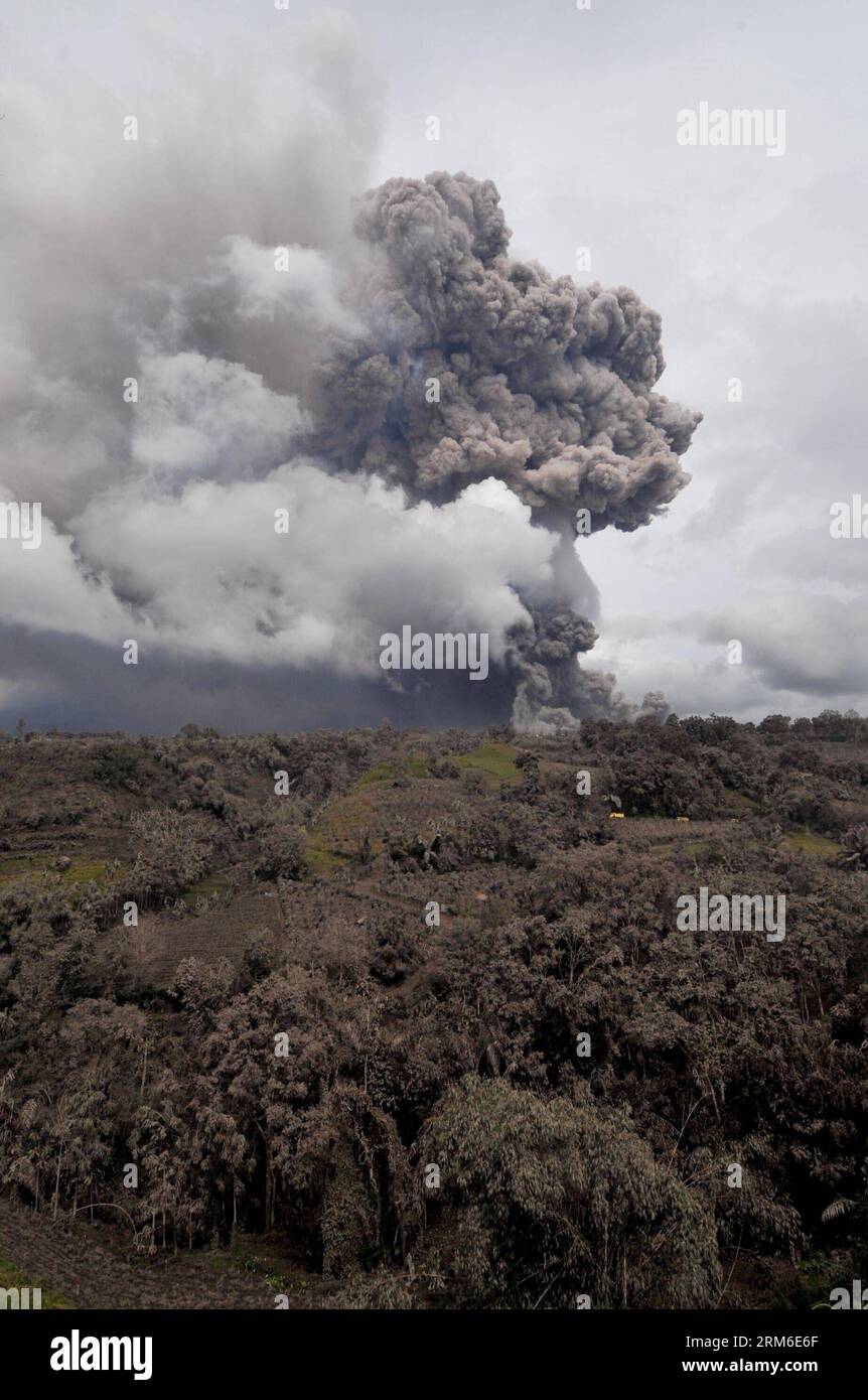(140107) -- SUMATRA SETTENTRIONALE, 7 gennaio 2014. (Xinhua) -- il Monte Sinabung lancia materiali vulcanici mentre erutta nel nord di Sumatra, Indonesia, 7 gennaio 2014. Oltre 21.800 persone hanno cercato rifugio in 33 rifugi nel distretto di Karo nella provincia di Sumatra settentrionale, mentre il vulcano Sinabung ha continuato a spargere cenere e lava lunedì, ha detto un funzionario indonesiano. (Xinhua/Agung Kuncahya B.) INDONESIA-SUMATRA SETTENTRIONALE-MONTE SINABUNG-ERUPTION PUBLICATIONxNOTxINxCHN Sumatra settentrionale 7 gennaio 2014 XINHUA il Monte Sinabung spews Volcanic Material as IT eruts in North Sumatra Indonesia 7 gennaio 2014 oltre 21 800 celebrità hanno cercato Refu Foto Stock