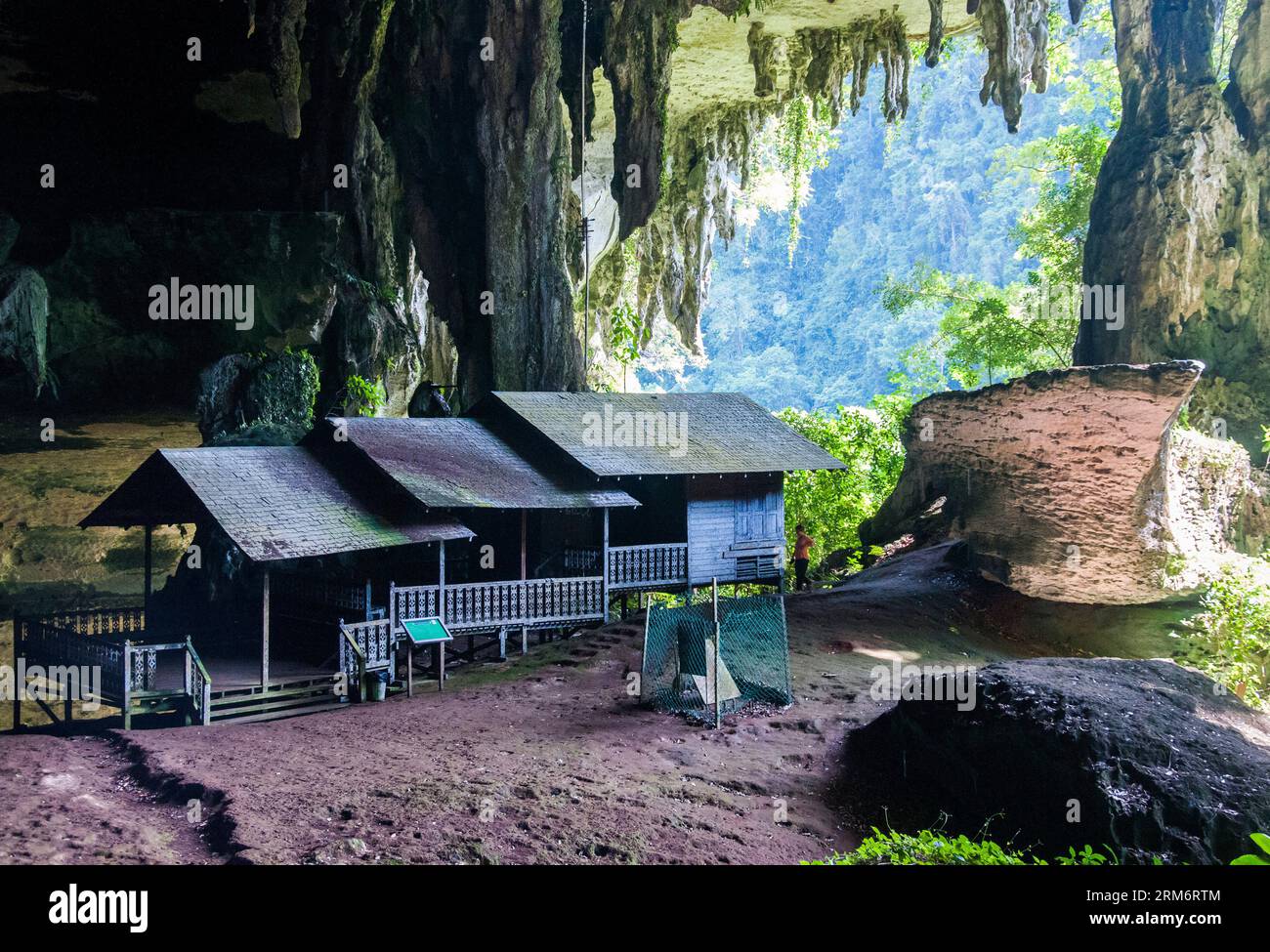 Antichi resti umani si trovano nelle grotte di Niah, che ora formano un parco nazionale patrimonio dell'umanità nel Sarawak. Le cabine appartengono ai collezionisti di nidi di uccelli. Foto Stock