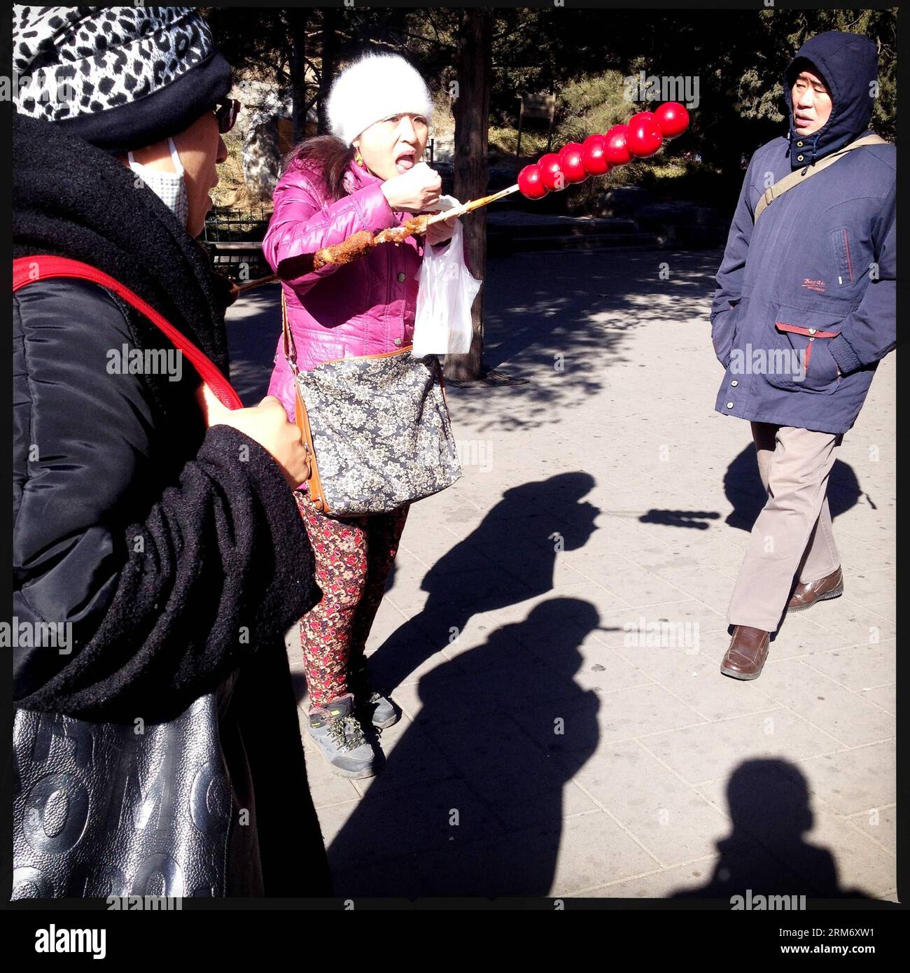 (140203) -- PECHINO, 3 febbraio 2014 (Xinhua) -- in questa foto scattata con uno smartphone il 3 febbraio 2014, i turisti possono gustare spuntini alla Fiera del Tempio di Changdian a Pechino, capitale della Cina. A Pechino, le fiere dei templi sono state un repertorio tipico durante il Festival di Primavera, caduto il 31 gennaio di quest'anno. Le persone si divertono alle fiere dei templi con vari cibi e spuntini e attività folcloristiche. (Xinhua/Shen Bohan) (lmm) CINA-BEIJING-SPRING FESTIVAL-TEMPLE FAIR-SMARTPHONE (CN) PUBLICATIONxNOTxINxCHN Pechino 3 febbraio 2014 XINHUA in questa foto scattata con uno smartphone IL 3 febbraio 2014 turisti Enjo Foto Stock