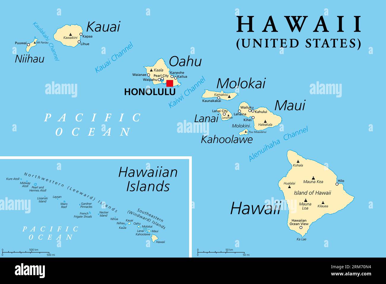 Isole Hawaii, mappa politica. Arcipelago di otto grandi isole vulcaniche, diversi atolli e numerosi isolotti minori nell'Oceano Pacifico settentrionale. Foto Stock