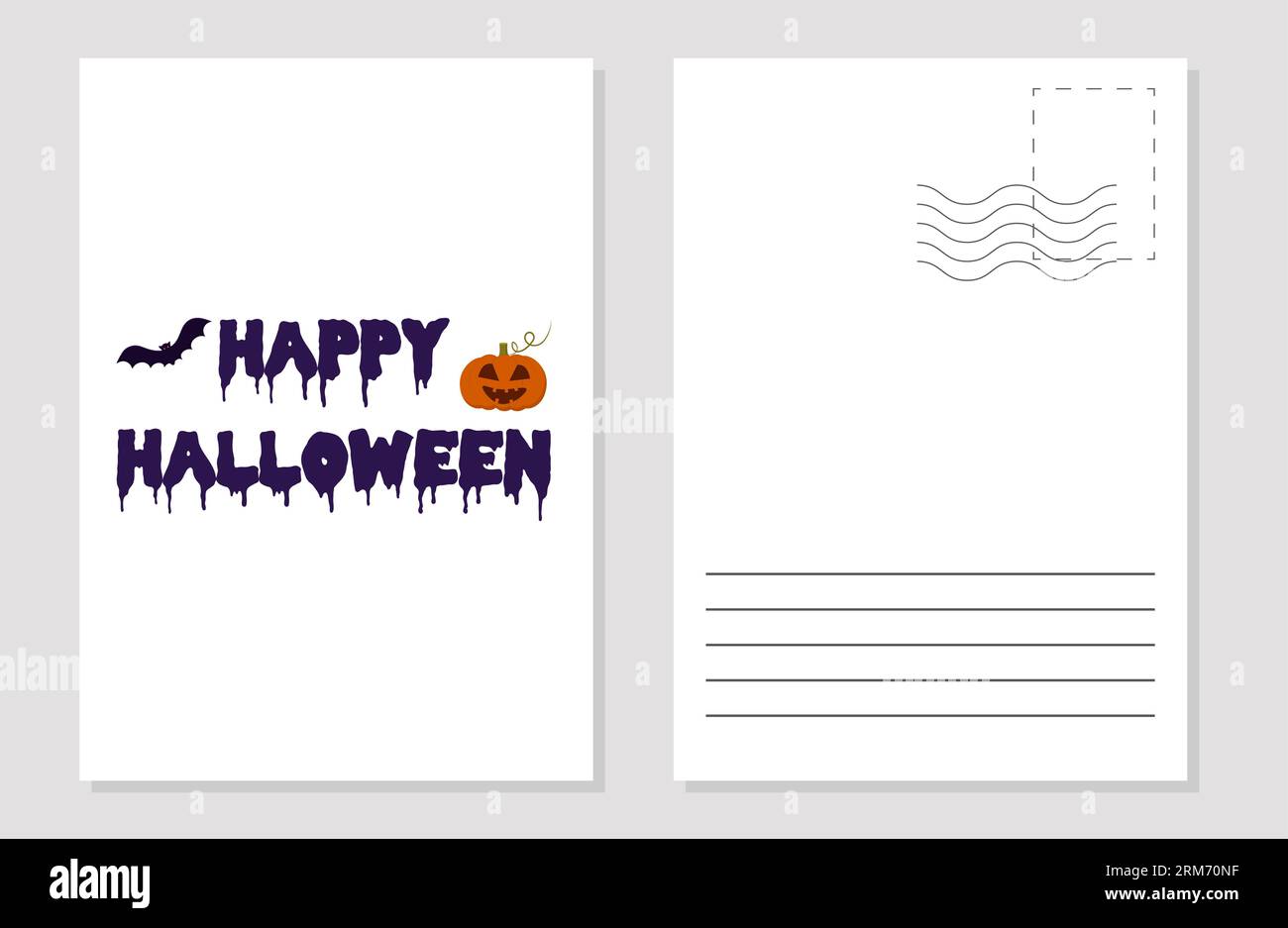 Un modello da cartolina per le vacanze di Halloween. BAT, zucca e testo. Concetto di progettazione. Illustrazione vettoriale piatta. Illustrazione Vettoriale