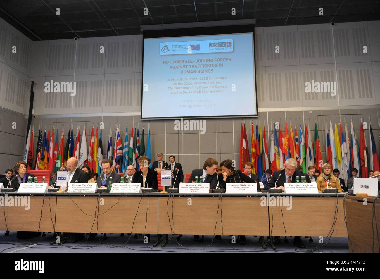 VIENNA, 17 febbraio 2014 - A Vienna, Austria, 17 febbraio 2014 si tiene una conferenza di Unione delle forze contro la tratta degli esseri umani. Importanti funzionari europei hanno invitato i governi a una conferenza internazionale contro la tratta di esseri umani tenutasi a Vienna lunedì per intensificare la lotta contro la schiavitù moderna. La conferenza, organizzata sotto la presidenza svizzera dell'Organizzazione per la sicurezza e la cooperazione in Europa OSCE e la presidenza austriaca del Consiglio d'Europa, sta facendo il punto del lavoro svolto da entrambe le organizzazioni. Xinhua/Qiang Yi yc AUSTRIA-VIENNA-OSCE-ANTI-TRAFFICO-CONFERENZA P Foto Stock