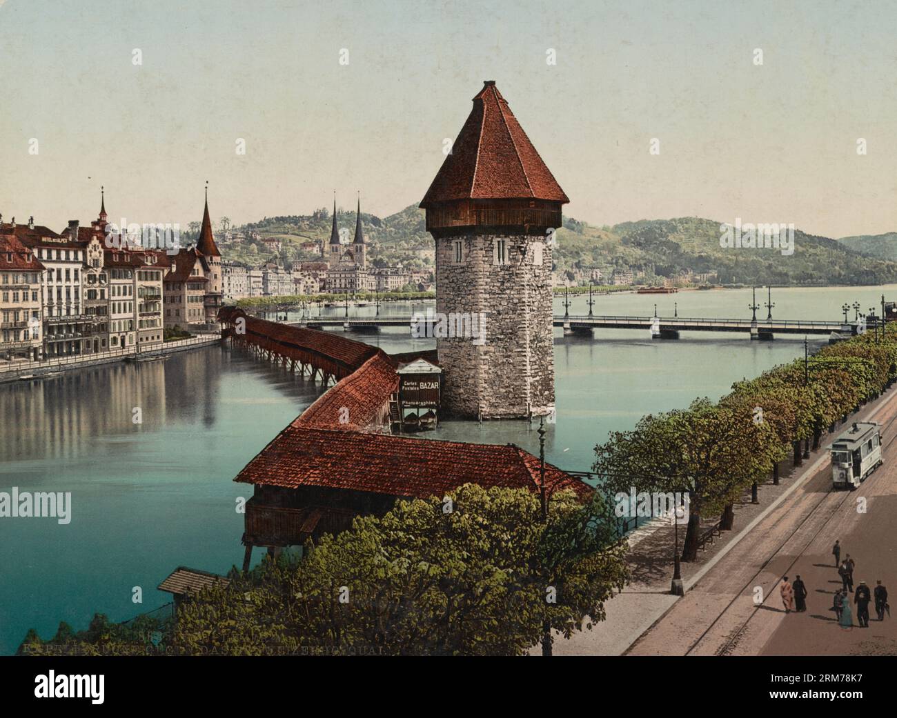 Ponte della Cappella e torre dell'acqua, Schweizerhof Quay e Seebrücke, Lucerna, Svizzera 1890. Foto Stock