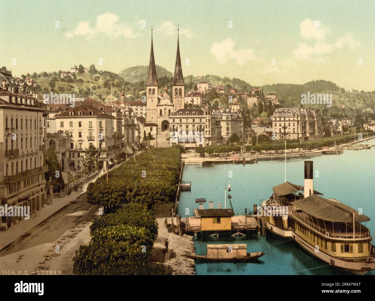 La banchina, Hotels Schweizerhof e National and Church of St. Leodegar dal Swan Hotel, Lucerna, Svizzera 1890. Foto Stock