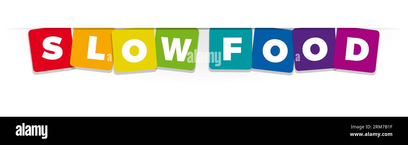 La Parola Slow Food. Banner vettoriale con il testo colorato arcobaleno. Illustrazione Vettoriale